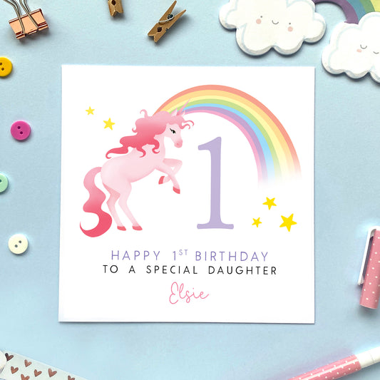 personalised unicorn 1st birthday card for girl - for granddaughter, daughter, niece, sister, little girl, baby, first birthday card - rainbow, cute, pink, special, handmade , 1st birthday card for daughter