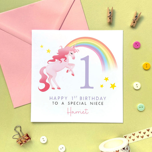 personalised unicorn 1st birthday card for girl - for granddaughter, daughter, niece, sister, little girl, baby, first birthday card - rainbow, cute, pink, special, handmade , 1st birthday card for niece