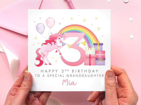 Personalised Unicorn Rainbow 3rd Birthday Card to a special Granddaughter