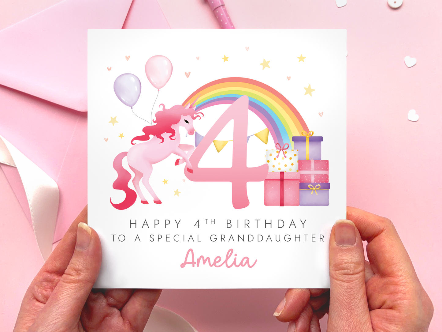Personalised Unicorn 4th Birthday Card to a special Granddaughter