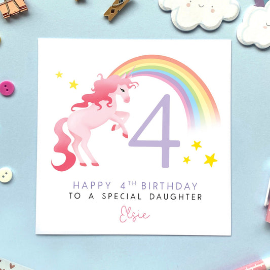 personalised unicorn 4th birthday card for girl - for granddaughter, daughter, niece, sister, little girl, baby, children, kids - rainbow, cute, pink, special, handmade - fourth birthday card for her, 4th birthday card for daughter