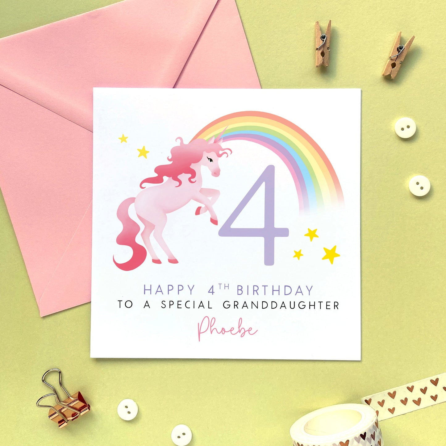 personalised unicorn 4th birthday card for girl - for granddaughter, daughter, niece, sister, little girl, baby, children, kids - rainbow, cute, pink, special, handmade - fourth birthday card for her, 4th birthday card for granddaughter