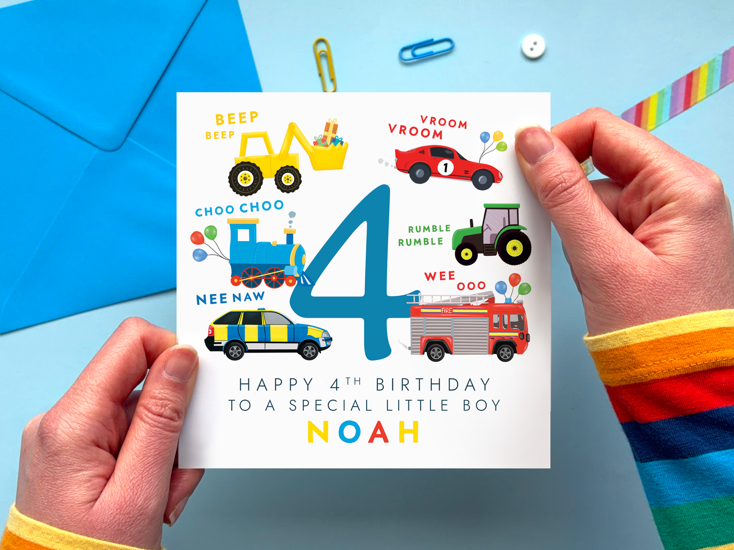 personalised 4th birthday card for special little boy with colourful vehicles around the number 4