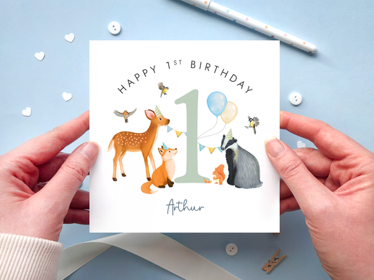 Personalised Woodland Animals 1st Birthday Card for Boy, deer, fox, red squirrel, badger and british garden birds all around the number 1