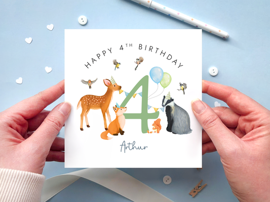 Personalised happy 4th Birthday card for boy with woodland animals around the number 4