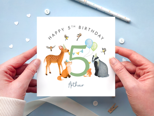 Personalised happy 5th birthday card for little boy, with woodland animals around the number 5