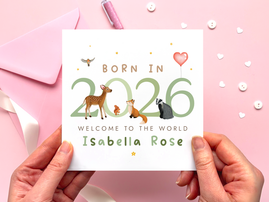 Personalised Woodland Animals New Baby Girl Card, welcome to the world, born in 2026