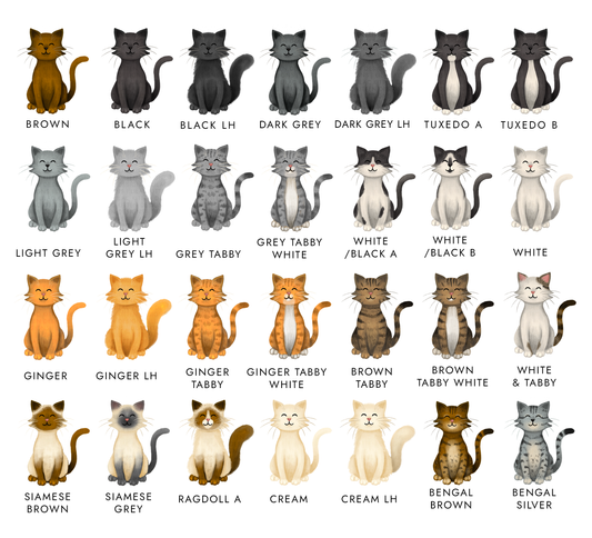 Illustrations of various cat breeds with color names below each illustration.