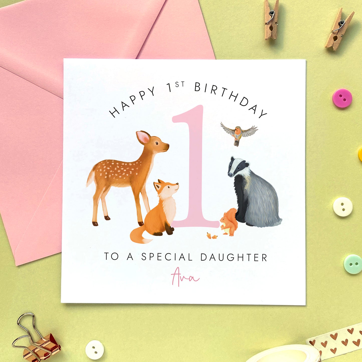 Personalised Woodland Animals 1st Birthday Card for Girl