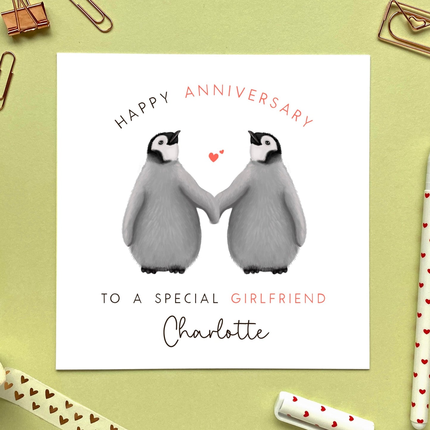 personalised anniversary card for girlfriend - baby penguins card - baby penguin card - for her, girl, woman, lady, female - wife, fiancee, partner, husband, boyfriend, fiance - cute, unique, special - happy anniversary card - 1st anniversary card - for him, male, man