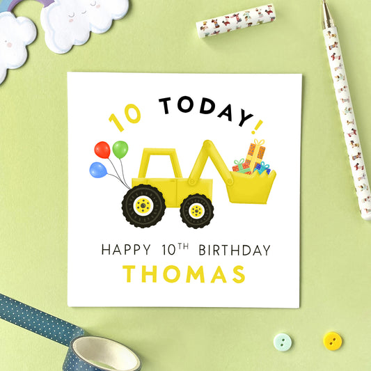 personalised yellow digger children's 10th birthday card for son grandson nephew boy