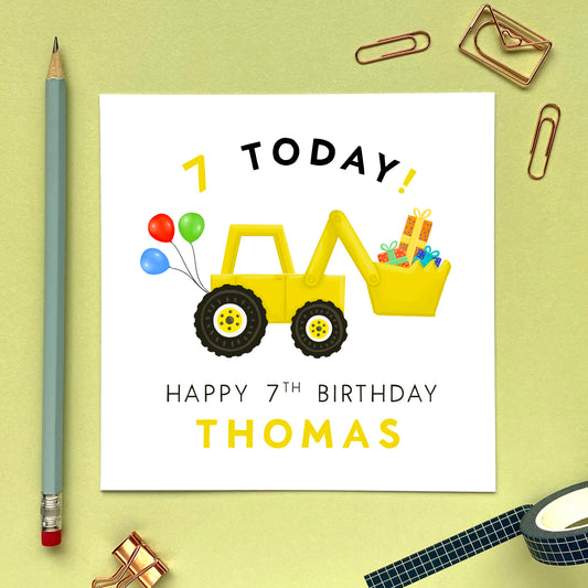 personalised yellow digger children's 7th birthday card for son grandson nephew boy