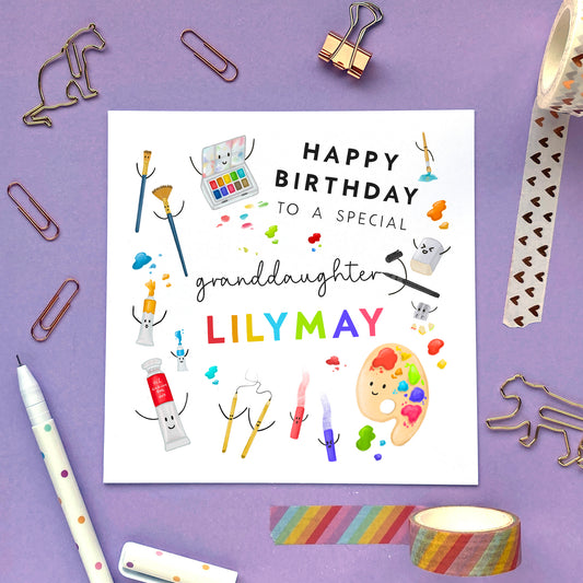 personalised art themed birthday card for her - artist, crafts, painter - to a special daughter, granddaughter, niece, sister, kids, children, teenager - 10th, 13th, 16th, 18th