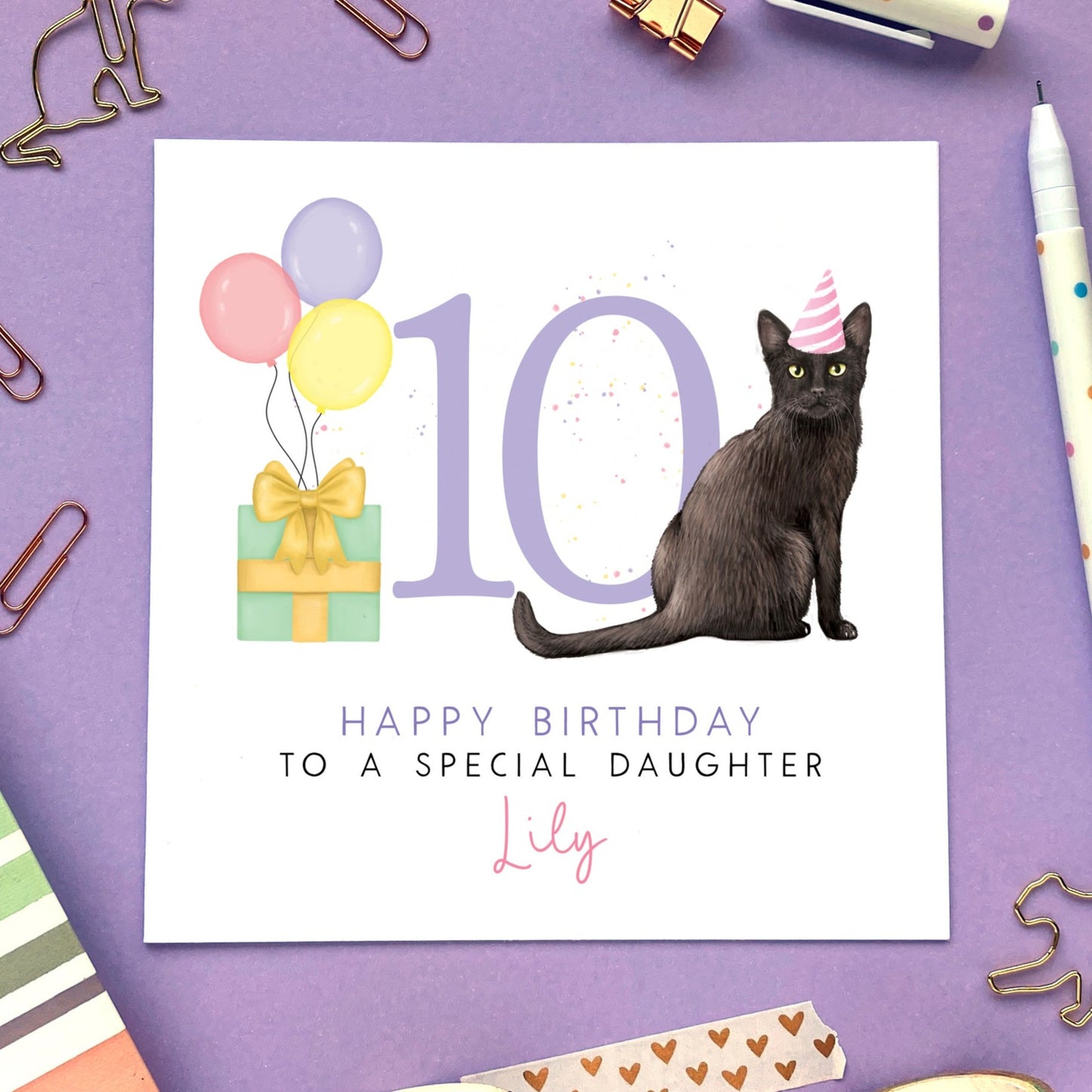 personalised black cat birthday card - for her, daughter, granddaughter, niece, teenager - cute, cats, animals, pets, burmese cat - 13th, 10th, 16th, 18th, 21st, 30th
