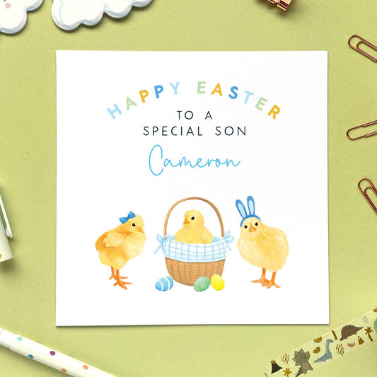 personalised chicks easter card for boy - baby's first easter card, easter card for son, grandson, nephew, brother, cousin, children, child, baby, godson, boys, little boy