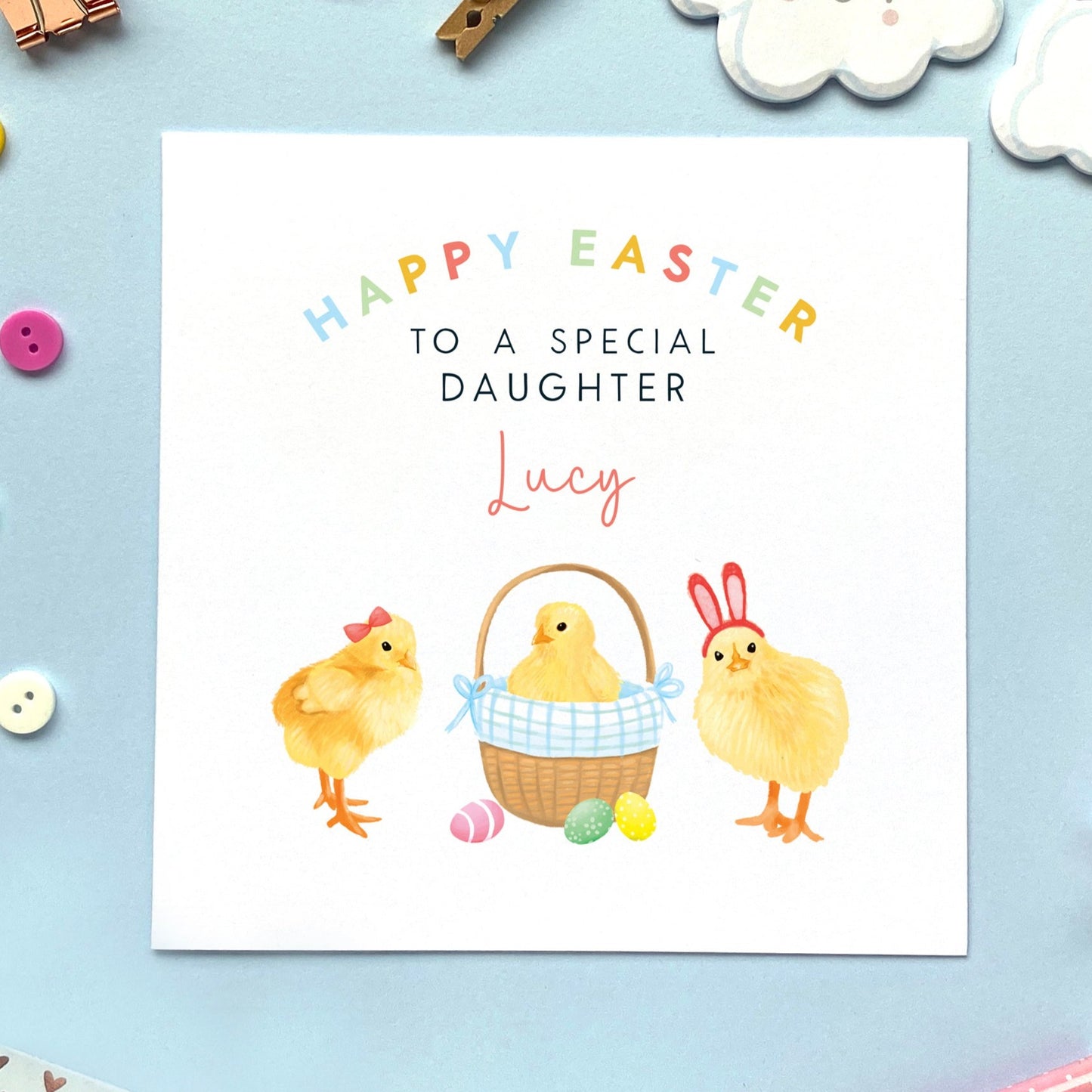 personalised chicks easter card for girl - baby's first easter card, easter card for baby, easter card for daughter, granddaughter, niece, sister, cousin, children, child, baby, goddaughter, girls, little girl