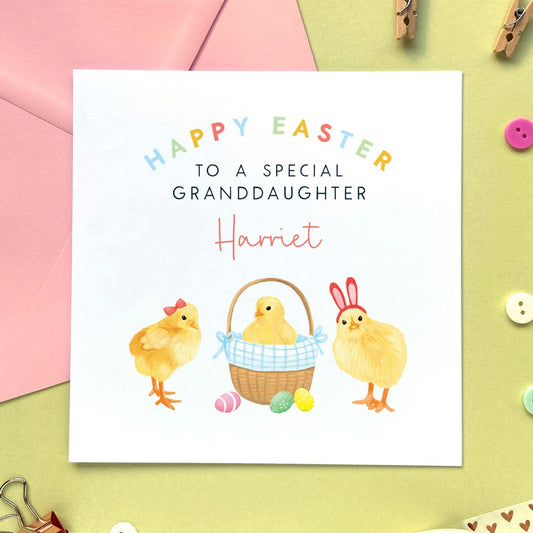personalised chicks easter card for girl - baby's first easter card, easter card for baby, easter card for daughter, granddaughter, niece, sister, cousin, children, child, baby, goddaughter, girls, little girl