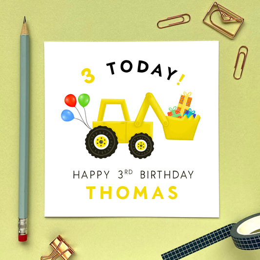 personalised yellow digger children's 3rd birthday card for son grandson nephew boy