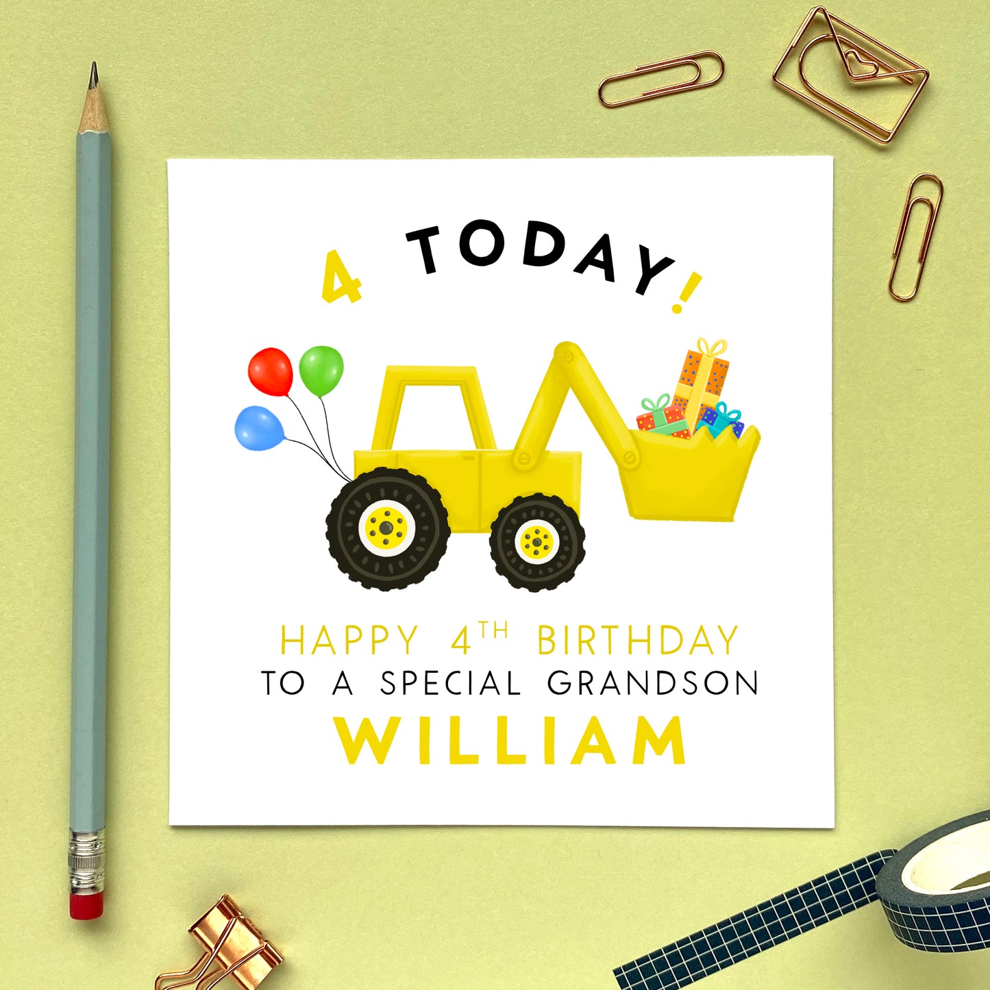 personalised yellow digger children's 4th birthday card for son grandson nephew boy