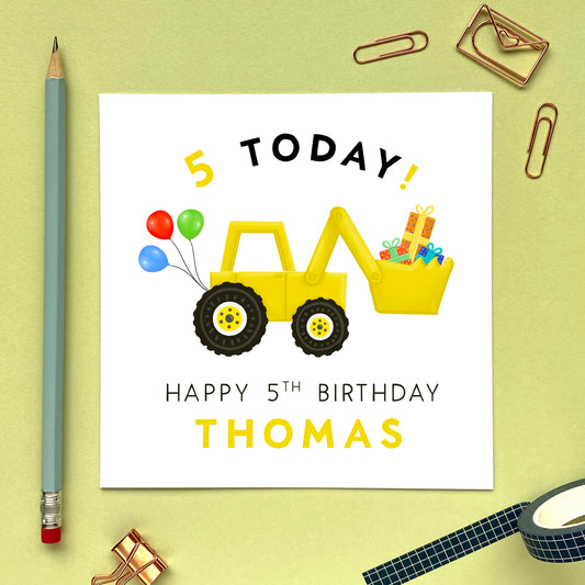 personalised yellow digger children's 5th birthday card for son grandson nephew boy