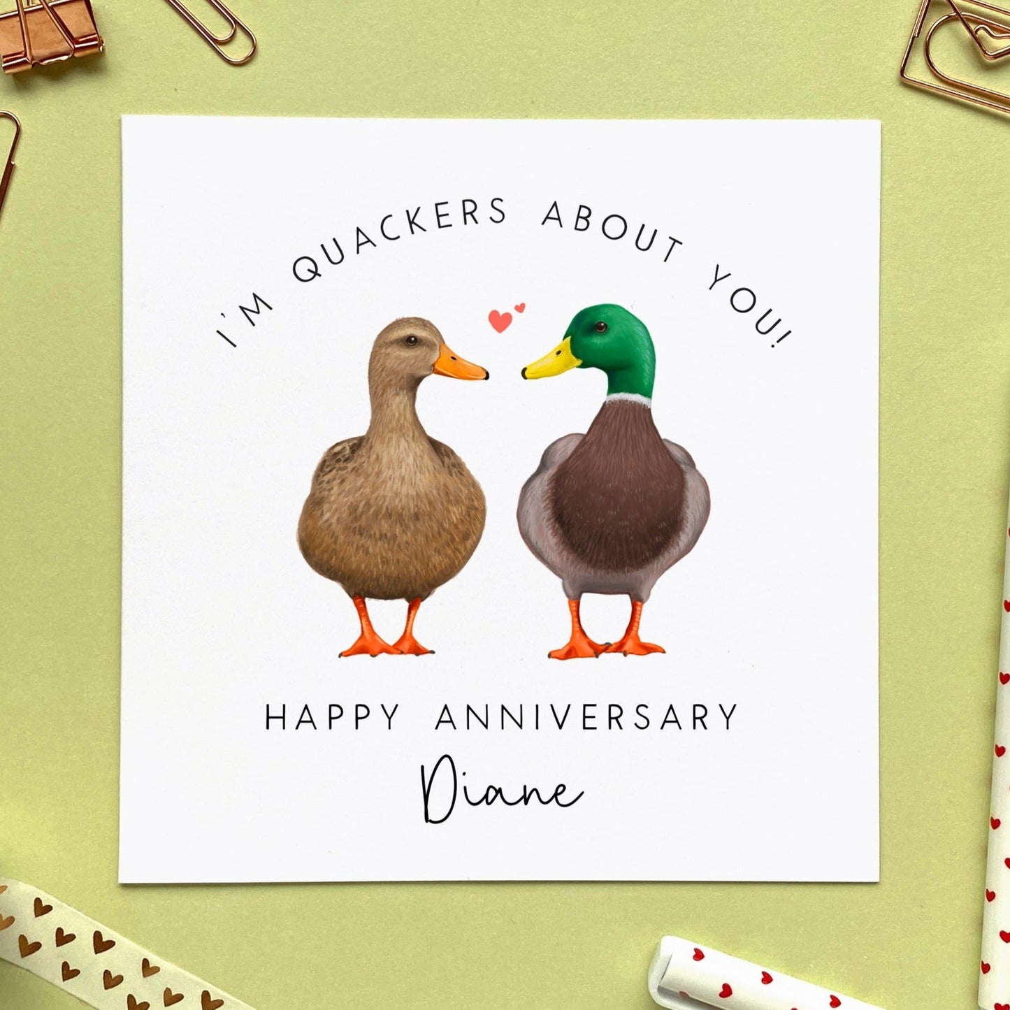 personalised duck anniversary card - for him, her, husband, wife, partner, fiance, fiancee, boyfriend, girlfriend - cute, funny, special, pun, punny - I'm quackers about you