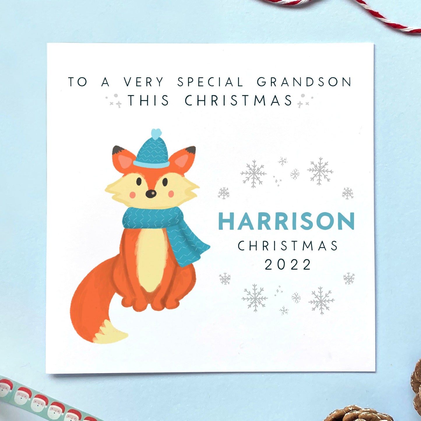 personalised fox christmas card for boy - grandson, son, nephew, brother, little boy, baby, children, child, toddler, kids - special, cute, animal, handmade, unique, name, keepsake, christmas 2022