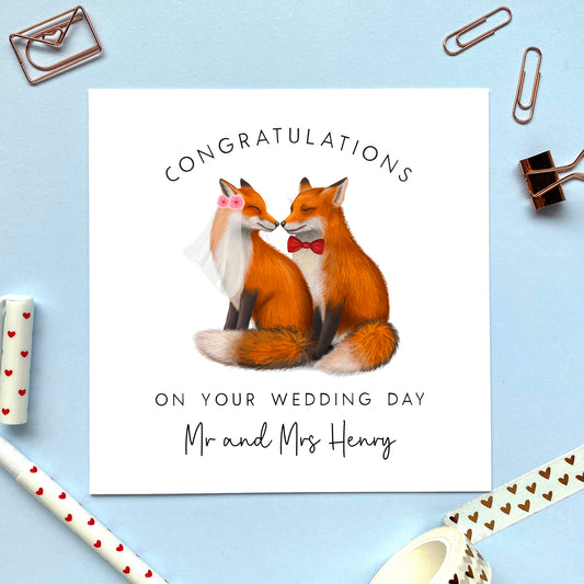 personalised fox couple congratulations on your wedding day card to a special couple mr and mrs friends son daughter and partner