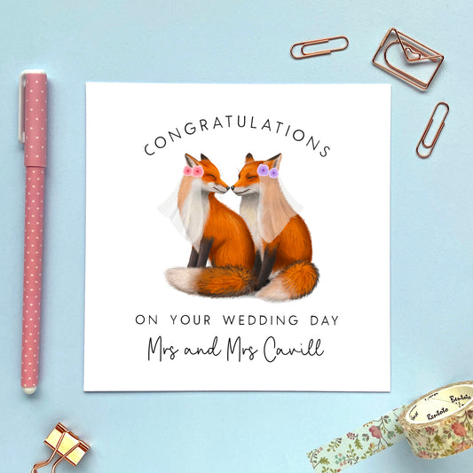 personalised fox congratulations on your wedding day to a special couple daughter granddaughter niece lesbian same sex mrs and mrs two brides