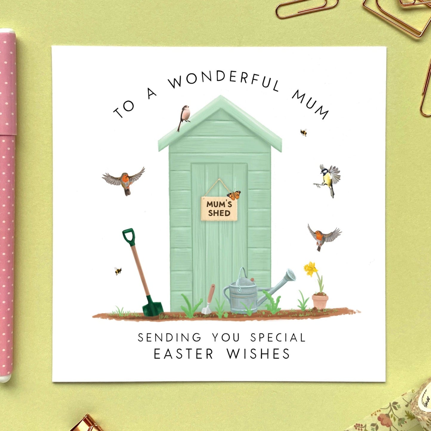 personalised easter card for Mum - mum, mom, mam, mummy, mommy, mama, grandma, granny, gran, nanny, nana, nan, nanna, grandmother, mother - happy easter card - garden, shed, spring, gardening, birds, flowers, floral, non-religious, easter greetings, easter card pack