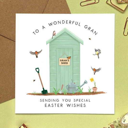 personalised easter card for Gran - mum, mom, mam, mummy, mommy, mama, grandma, granny, gran, nanny, nana, nan, nanna, grandmother, mother - happy easter card - garden, shed, spring, gardening, birds, flowers, floral, non-religious, easter greetings, easter card pack