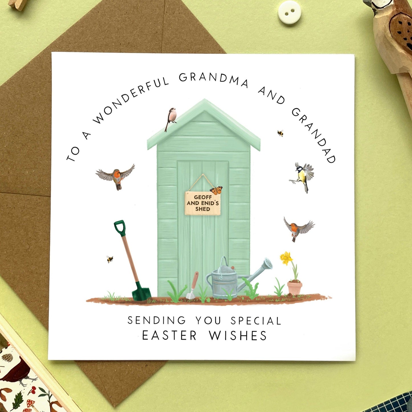 personalised easter card for grandparents - grandma and grandad, grandpa, gran, granny, nana, nan, nanny, mum and dad, parents - happy easter card - garden, shed, spring, gardening, birds, flowers, floral, non-religious, easter greetings, easter card pack