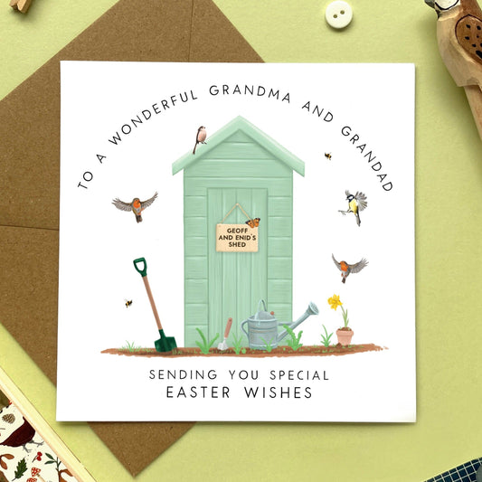 personalised easter card for grandparents - grandma and grandad, grandpa, gran, granny, nana, nan, nanny, mum and dad, parents - happy easter card - garden, shed, spring, gardening, birds, flowers, floral, non-religious, easter greetings, easter card pack