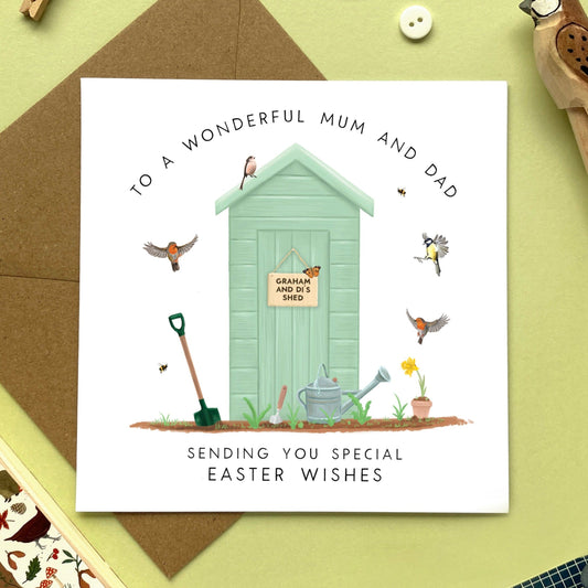 personalised easter card for parents - mum and dad, mom and dad, mam and dad, mummy and daddy, mommy, mama, grandma and grandpa, grandad, nan, nanny, nan, nanna, nana, grandparents - happy easter card - garden, shed, spring, gardening, birds, flowers, floral, non-religious, easter greetings, easter card pack