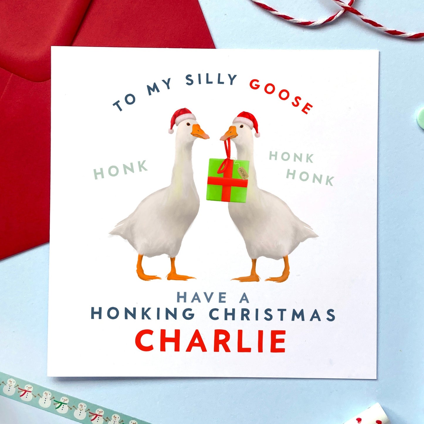 personalised goose christmas card - geese, funny, cute, special, handmade, animal - for him, her, boyfriend, girlfriend, fiance, fiancee, husband, wife, partner - funny christmas card - son, daughter, grandson, granddaughter, niece, nephew, brother, sister