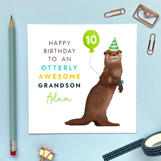 personalised otter birthday card for him - son, grandson, nephew, brother - kids, teenager, children - 10th, 13th, 16th, 21st, 30th, 40th