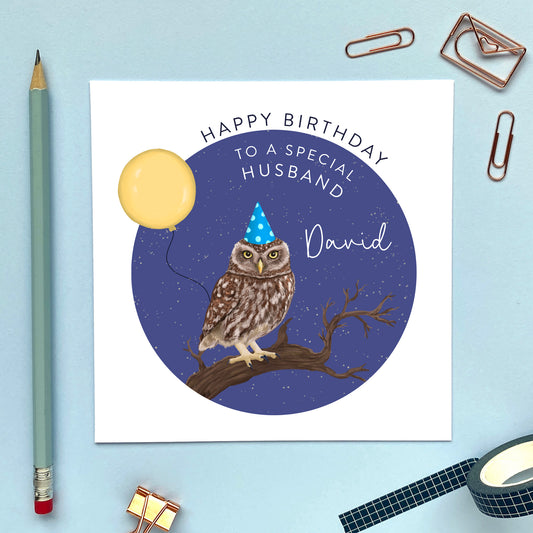 personalised little owl birthday card for him - birdwatcher, british wildlife, bird, twitcher - to a special husband, brother, dad, uncle, grandad, grandpa, him, man - 30th 40th 50th 60th 70th 80th