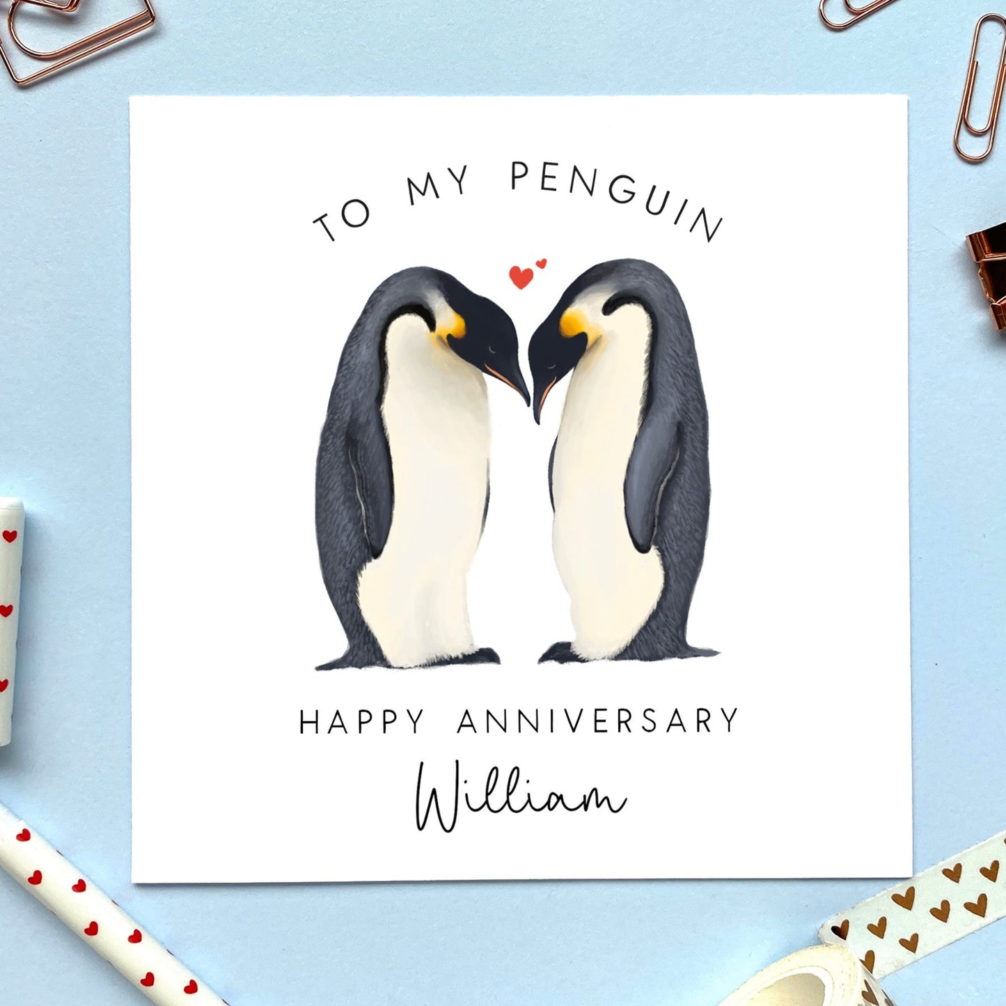 personalised penguin anniversary card - for a special husband, wife, fiance, fiancee, girlfriend, boyfriend, partner - unique, cute, romantic - happy anniversary card, first anniversary