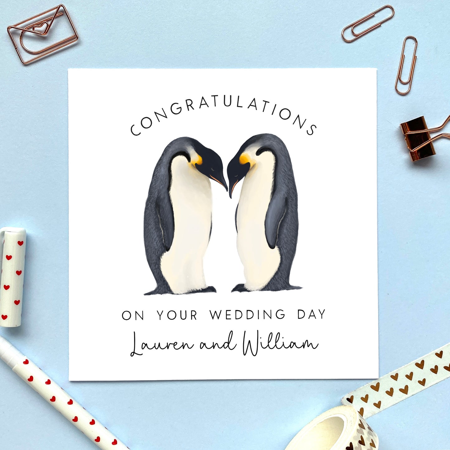 personalised penguins congratulations on your wedding day card for mr and mrs, mr and mr, mrs and mrs, special couple, gay couple, lesbian couple, friends, son, daughter, grandson, granddaughter