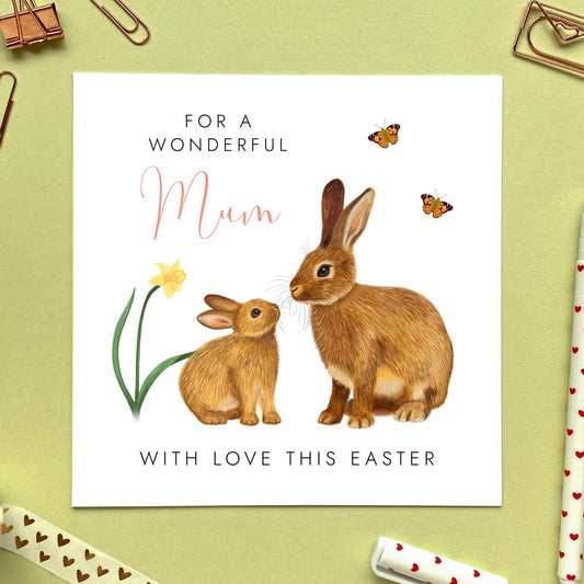 personalised rabbit easter card for mum - mum, mom, mam, mummy, mommy, mama, grandma, granny, gran, nanny, nana, nan, nanna, grandmother, mother - easter bunny, cute, mum and baby, mother and baby, from son, daughter, grandson, granddaughter