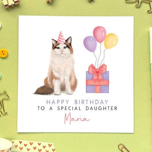 personalised ragdoll cat birthday card - for her, daughter, granddaughter, niece, children, adult, female, wife, girlfriend, partner, fiancee, auntie, aunty, aunt - any age birthday card - 13th, 16th, 18th, 21st, 30th, 40th, 50th, 60th - teenager, teenage girl, sixteen, eighteen, milestone - cat in a box card, funny birthday card, cute