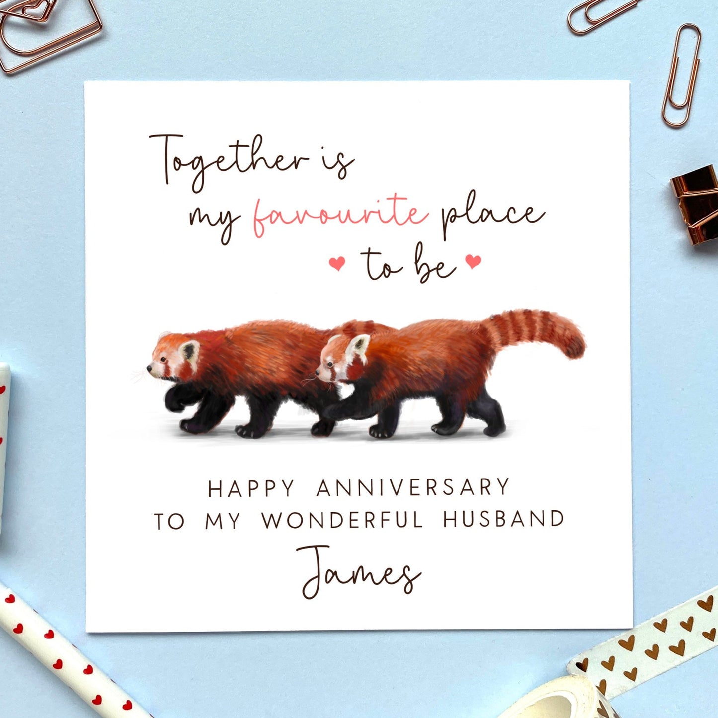 personalised red panda anniversary card - for him, her, boyfriend, girlfriend, fiance, fiancee, husband, wife, partner - cute, unique, special, wonderful - together is my favourite place to be - first anniversary
