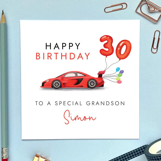 personalised sports car birthday card - any age - for him, son, grandson, nephew, boy, teenager, uncle, brother, brother in law, son in law, boyfriend, husband - birthday card for man - 16th, 18th, 21st, 30th, 40th, 50th, 60th