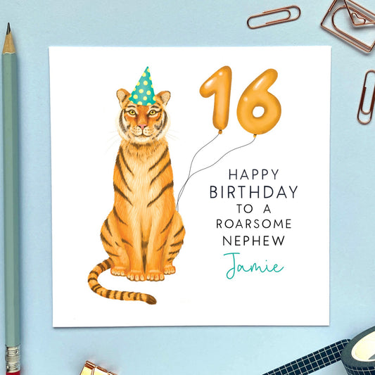 personalised any age tiger birthday card for him - for him, son, grandson, nephew, brother, kids, children, child, baby, toddler, godson, cousin, boys - birthday card for boy - 1st, 2nd, 3rd, 4th, 5th, 6th, 7th, 8th, 9th, 10th, 11th, 12th, 13th, 14th, 15th, 16th - sixteen, teenager, teenage, birthday card for teenage boy