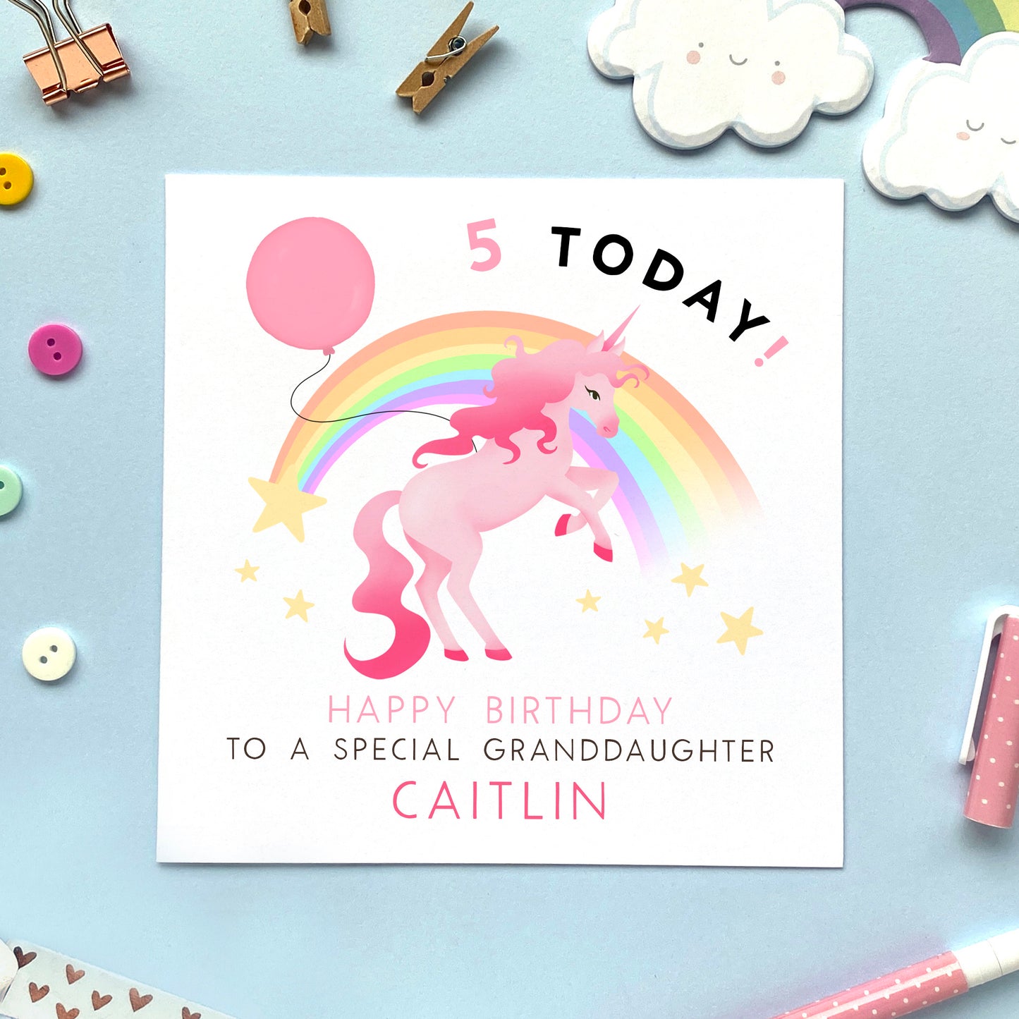 personalised unicorn 5th birthday card for girl - for granddaughter, daughter, niece, sister, little girl, baby, children, kids - rainbow, cute, pink, special, handmade - fifth birthday card for her