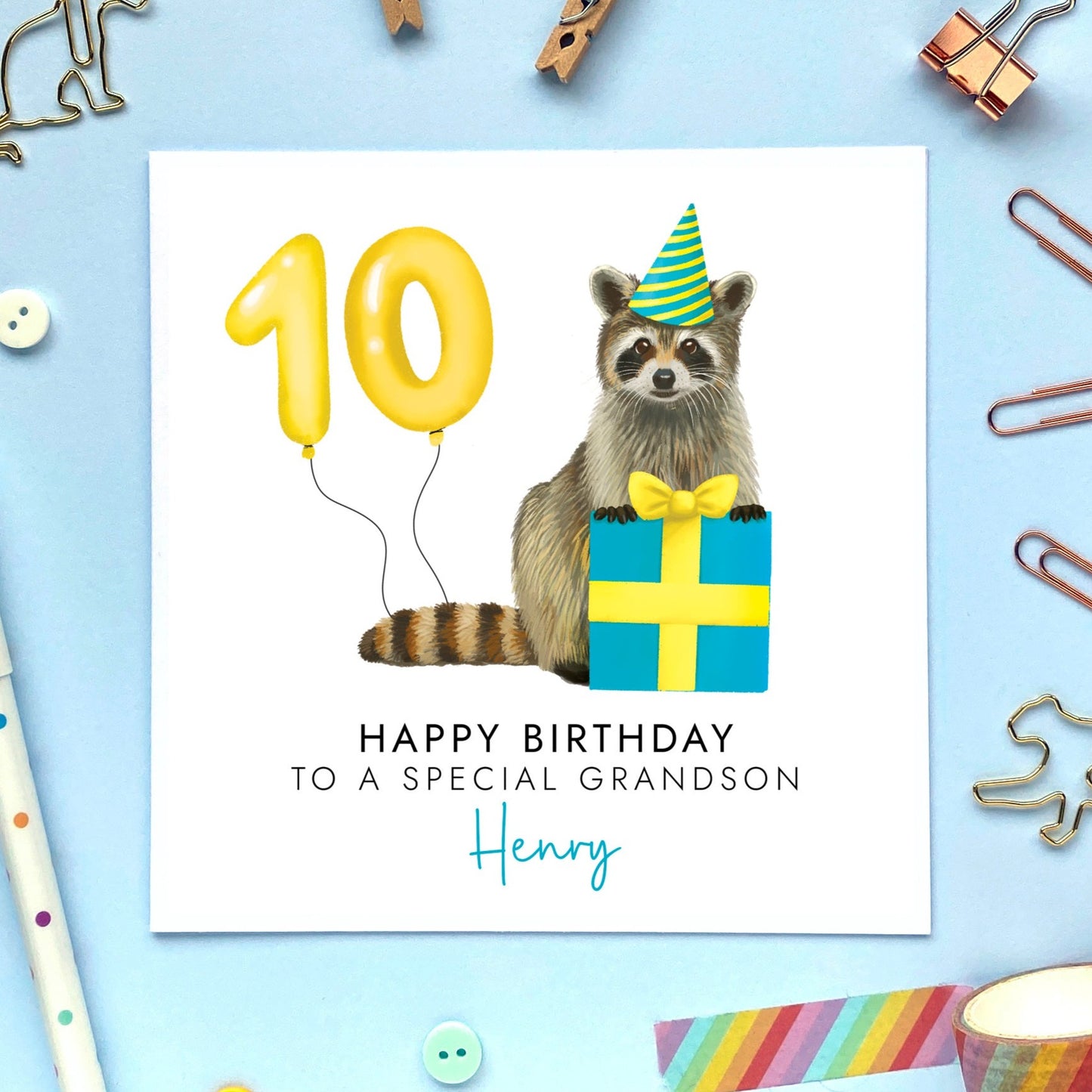 personalised any age raccoon birthday card - for him, son, grandson, nephew, brother, kids, children, child, baby, toddler, godson, cousin, boys - birthday card for boy - 1st, 2nd, 3rd, 4th, 5th, 6th, 7th, 8th, 9th, 10th, 11th, 12th, 13th, 14th, 15th, 16th - 10th birthday card for boy, tenth