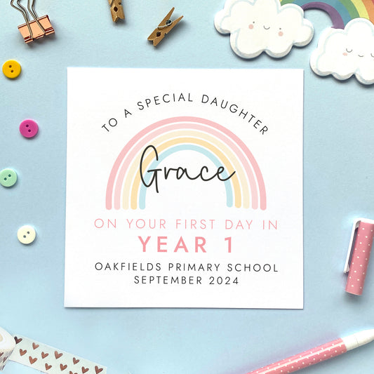 A personalised first day in any school year card for girl. Any school year can be entered, for Primary School Year 1 to 6, or Secondary School Year 7 to 11. It would also be suitable for Reception, Sixth Form and College. It can be personalised with a relation, the child's name, school and date. It is ideal for a range of relations such as Daughter, Granddaughter, Niece and Sister. The card in the photo is for First Day in Year 1.