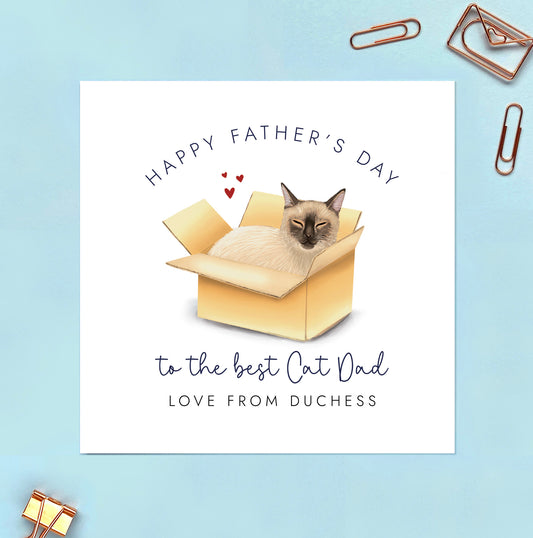 A Personalised Siamese Cat Fathers Day Card for the best Cat Dad. This card is from a Siamese Brown or Chocolate Point Cat.