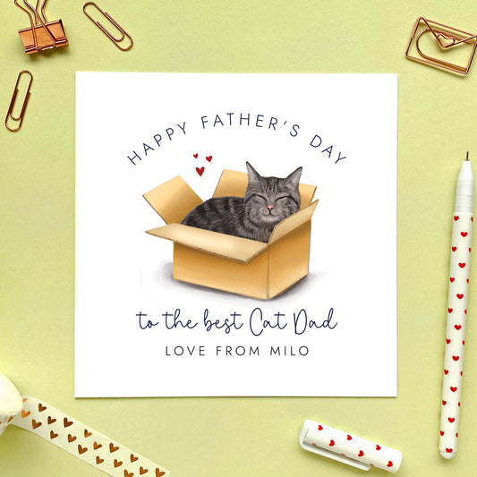 Grey Tabby Cat in Box Father's Day Card for Cat Dad