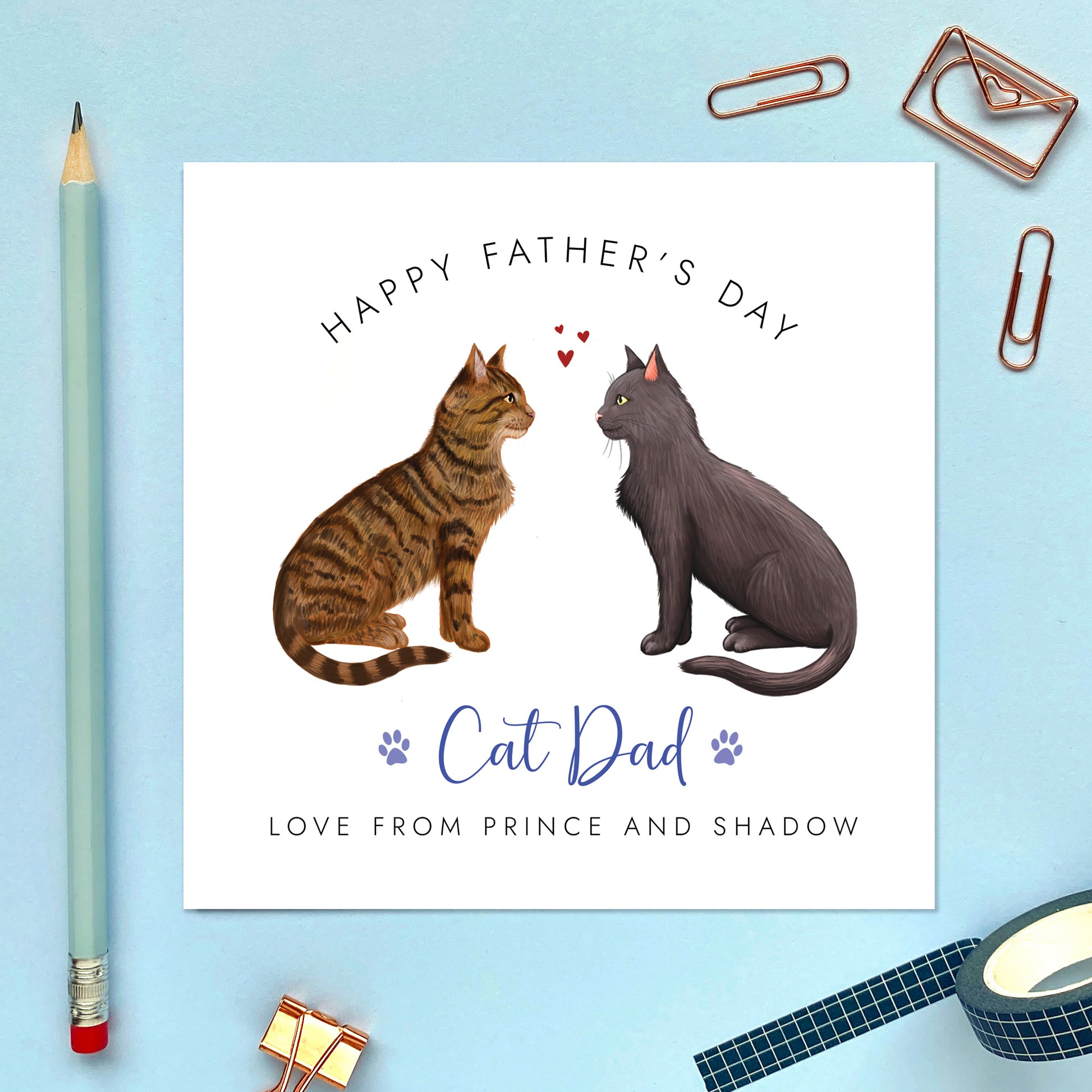 A personalised Cat Fathers Day Card from the Cats, for Cat Dad. The two cats on the card can be changed to a wide range of designs such as brown tabby, black, ragdoll, ginger and more.