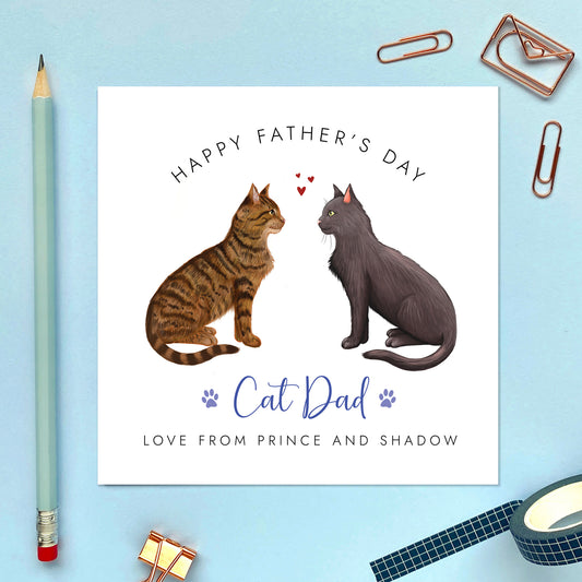 A personalised Cat Fathers Day Card from the Cats, for Cat Dad. The two cats on the card can be changed to a wide range of designs such as brown tabby, black, ragdoll, ginger and more.
